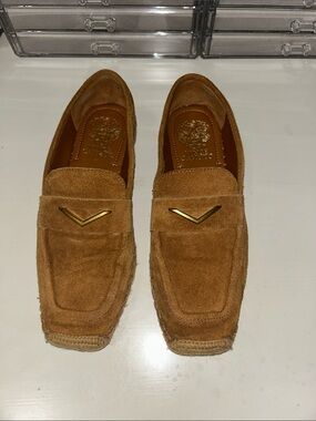 Vince Camuto Suede Loafers in Camel with Gold V Accent